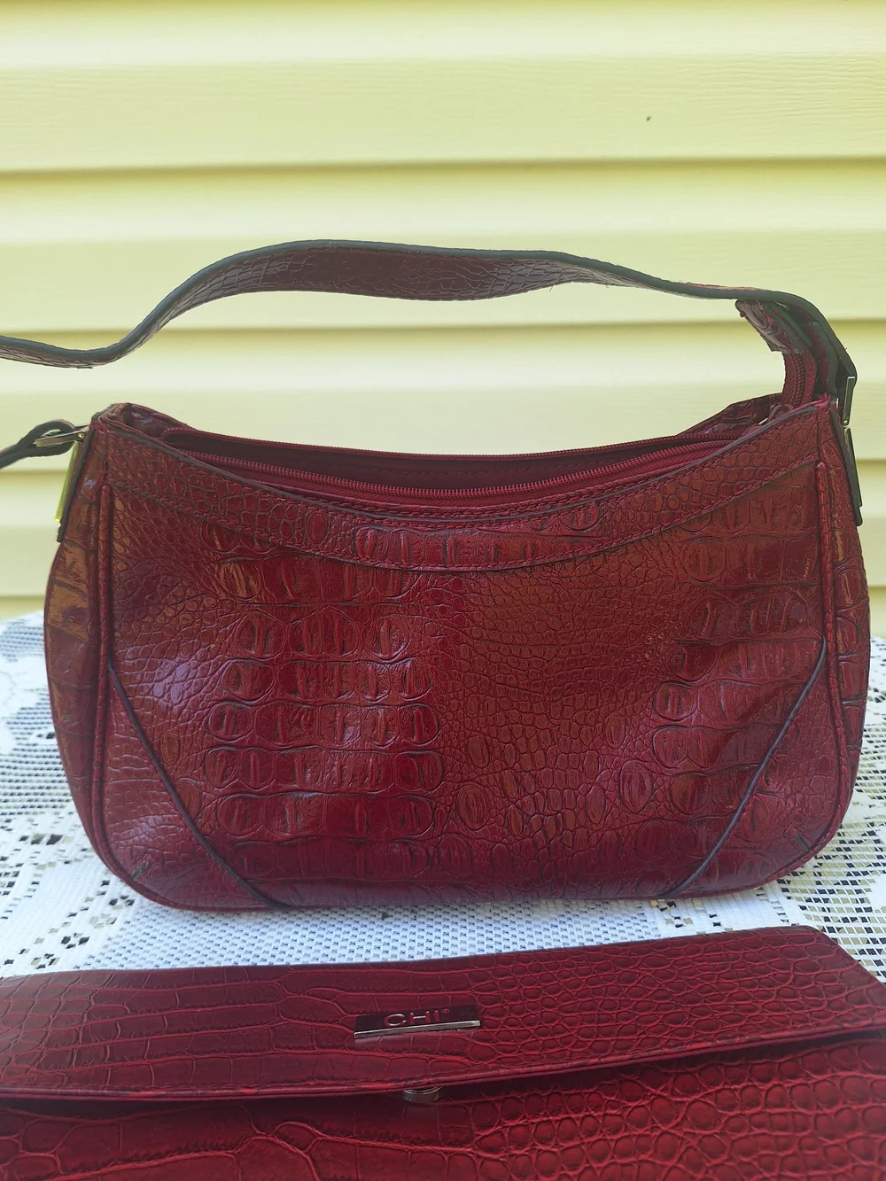 Red Croc-Embossed Shoulder Bag & Clutch Set